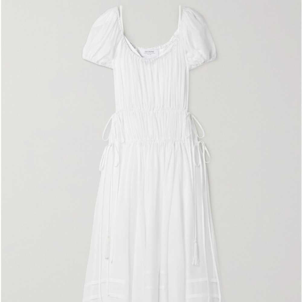 La ligne Isabelle white silk chiffon midi dress with double tie waist. Size Xs